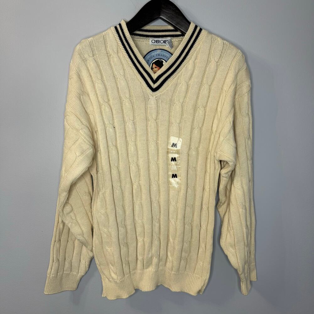 Cherokee Vintage Tennis V-Neck Cable Knit Sweater Cream Cotton Men's M New